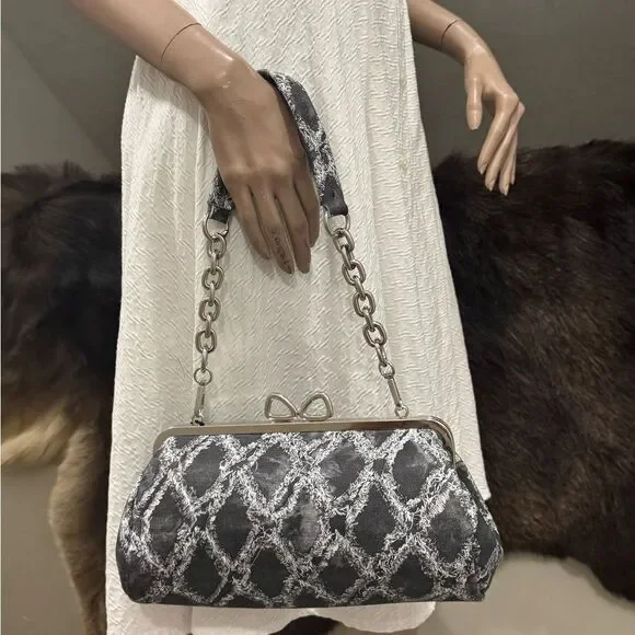 Genuine Leather Denim Quilted Pattern, Handmade Unique Bow Kisslock Baguette Bag